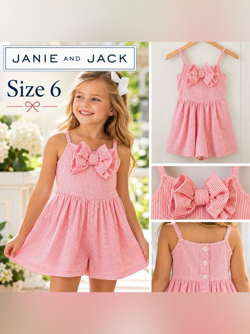 Janie and Jack Girls Size 6 Light Red White
Striped Bow Romper
